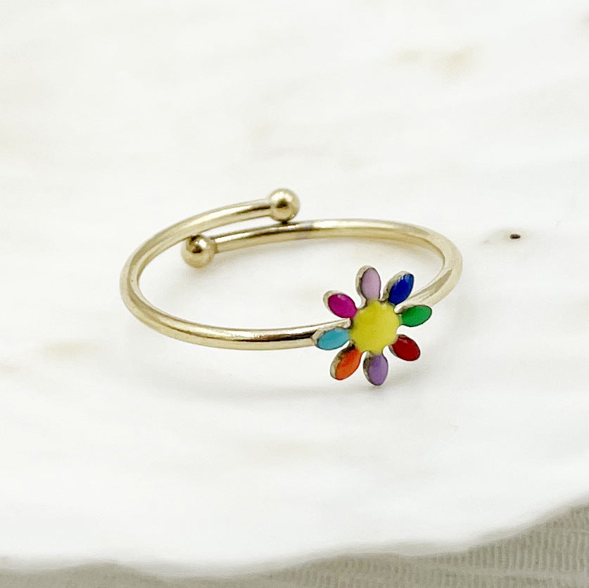 Wholesale Colorful Oil Drip Sunflower Adjustable Titanium Steel Ring